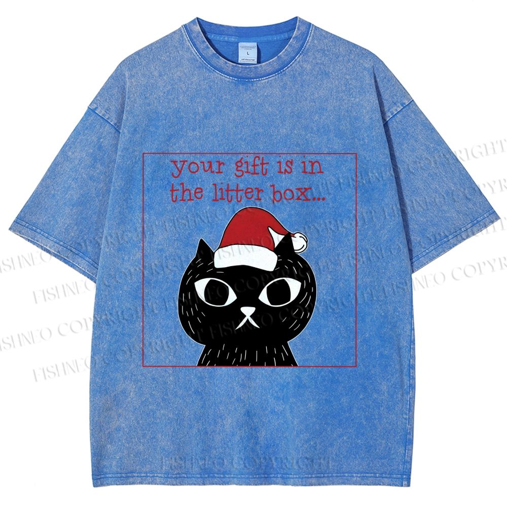 Unisex Christmas Black Cat Your Gift is in this Little Box Printed Washed Tee