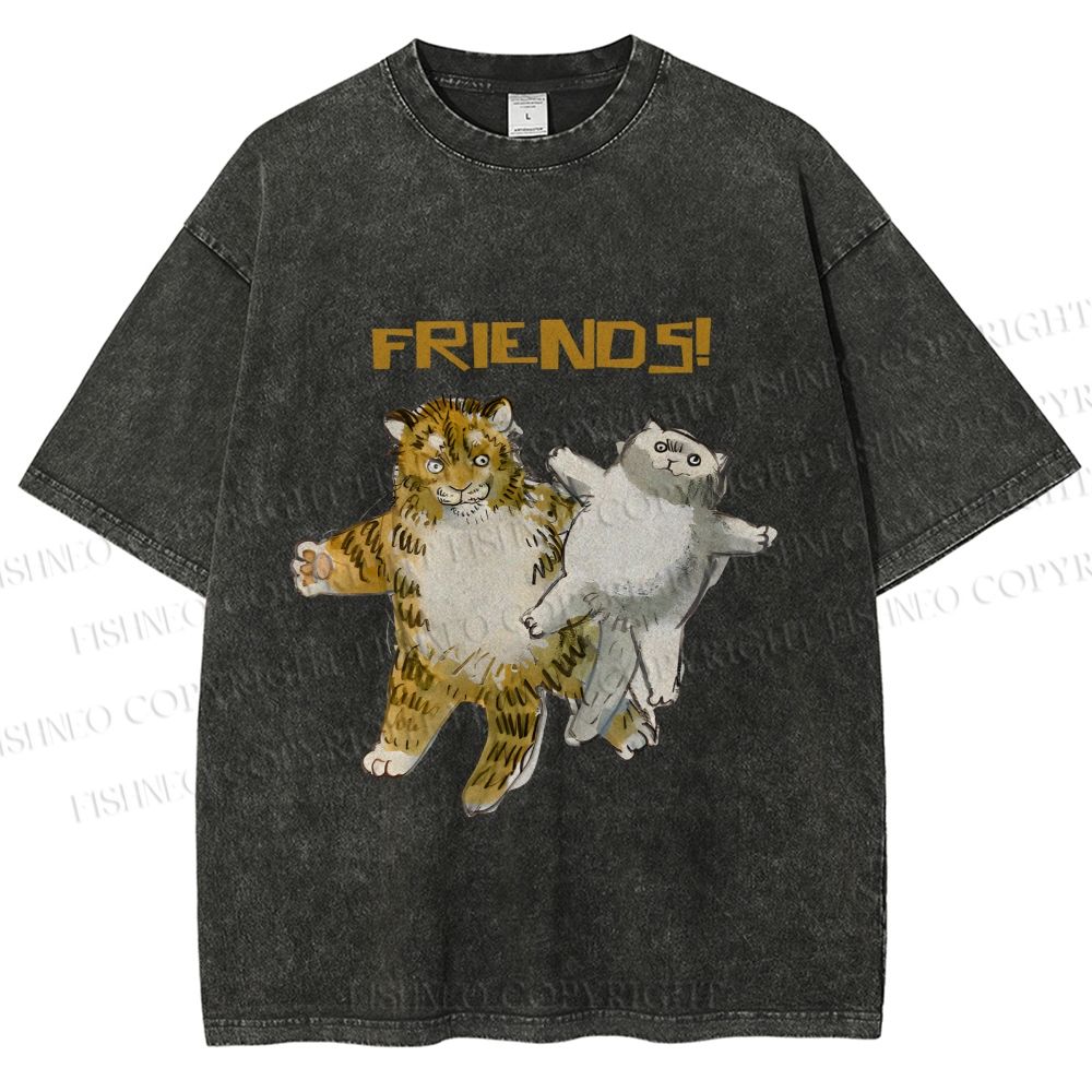 Unisex Funny Tiger Cat Be Friends Printed Washed Tee
