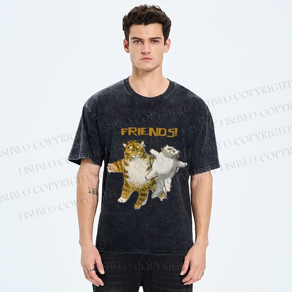 Unisex Funny Tiger Cat Be Friends Printed Washed Tee