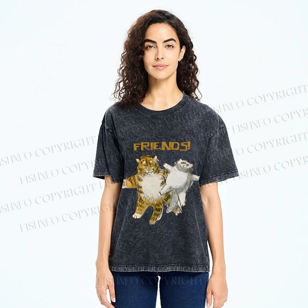 Unisex Funny Tiger Cat Be Friends Printed Washed Tee