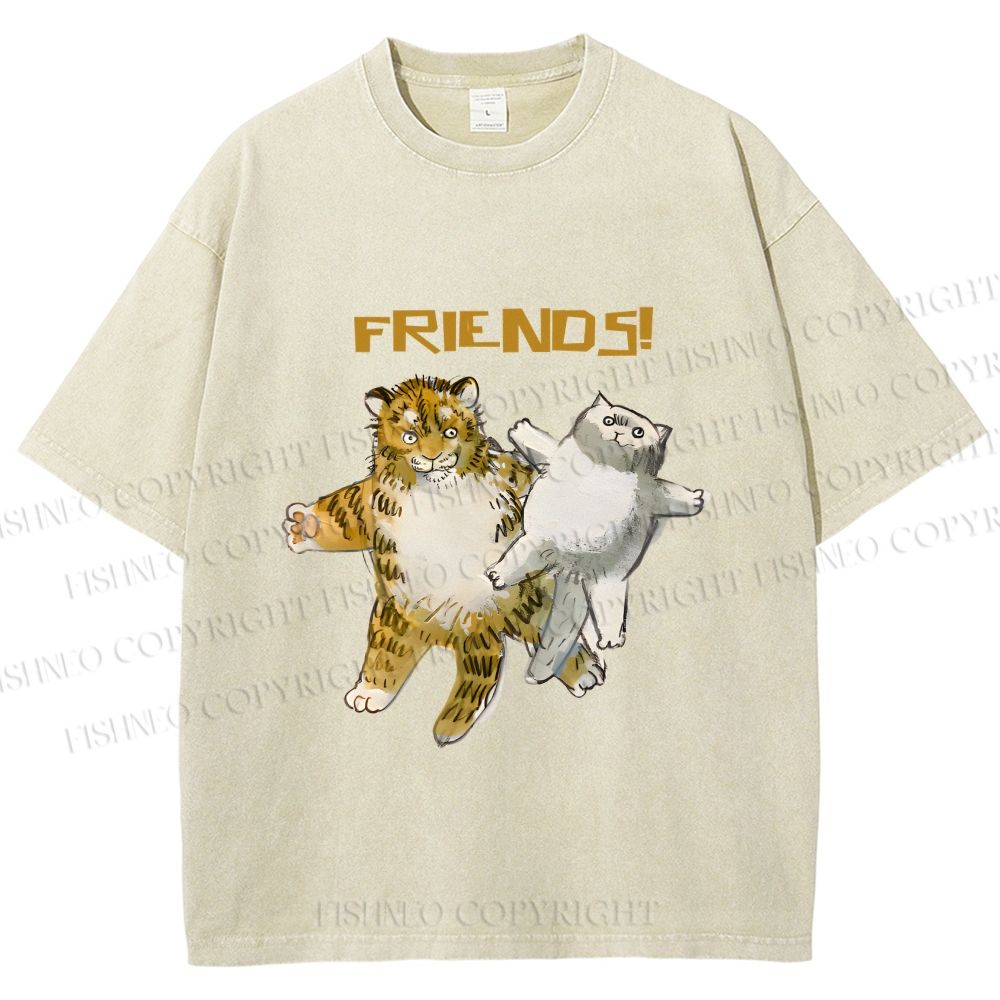 Unisex Funny Tiger Cat Be Friends Printed Washed Tee