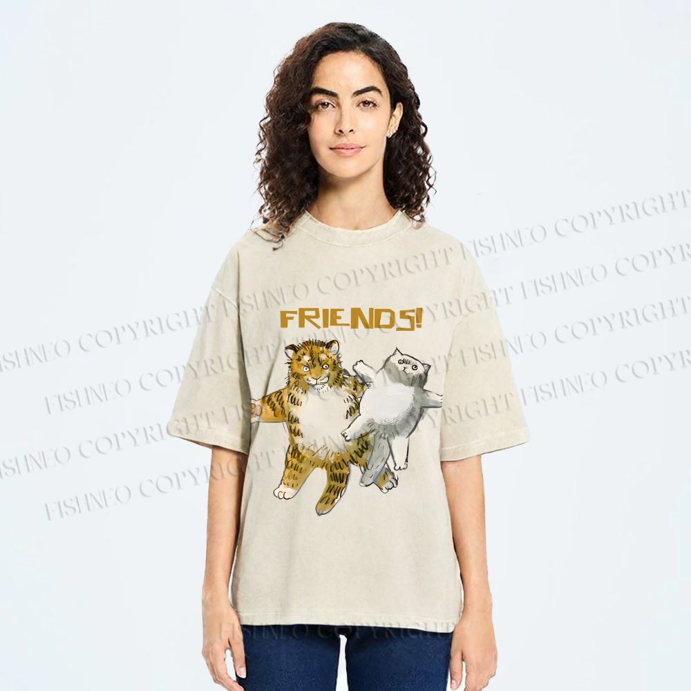 Unisex Funny Tiger Cat Be Friends Printed Washed Tee