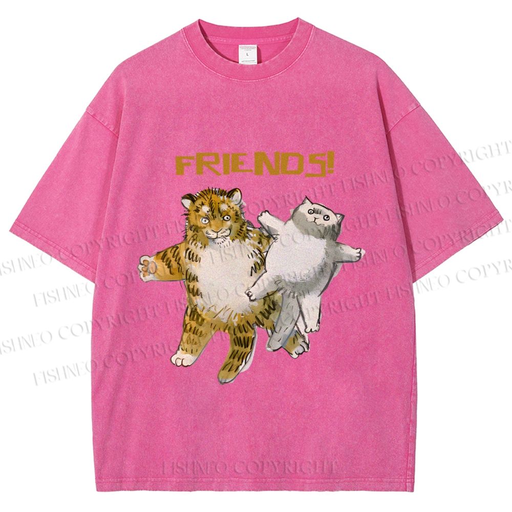 Unisex Funny Tiger Cat Be Friends Printed Washed Tee