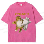 Unisex Funny Tiger Cat Be Friends Printed Washed Tee