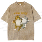 Unisex Funny Tiger Cat Be Friends Printed Washed Tee