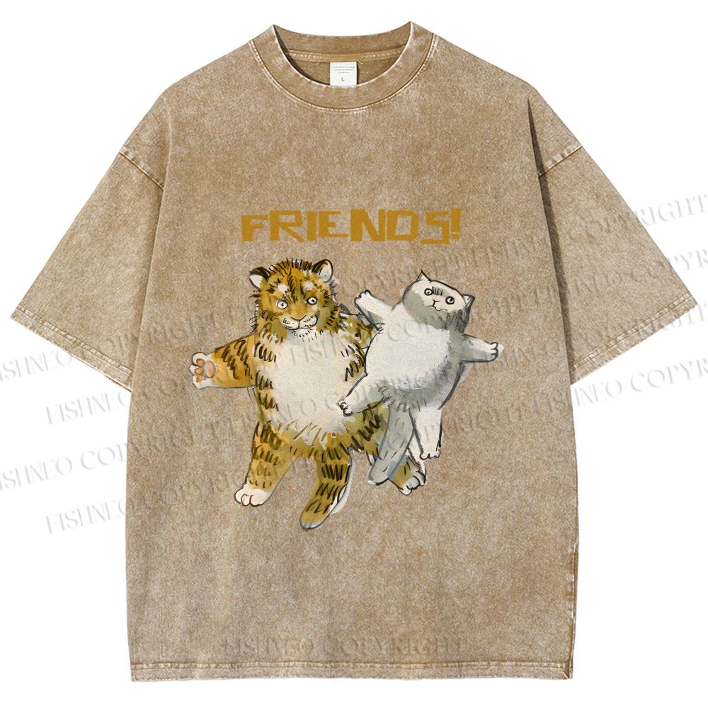 Unisex Funny Tiger Cat Be Friends Printed Washed Tee