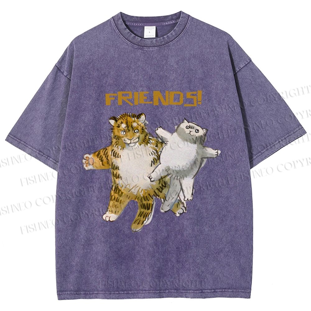 Unisex Funny Tiger Cat Be Friends Printed Washed Tee