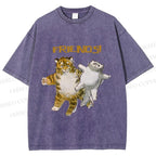 Unisex Funny Tiger Cat Be Friends Printed Washed Tee