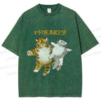 Unisex Funny Tiger Cat Be Friends Printed Washed Tee