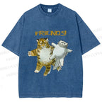 Unisex Funny Tiger Cat Be Friends Printed Washed Tee