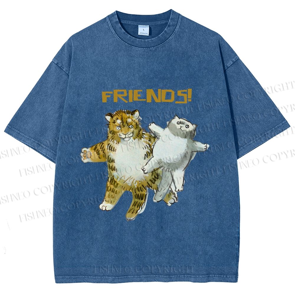 Unisex Funny Tiger Cat Be Friends Printed Washed Tee