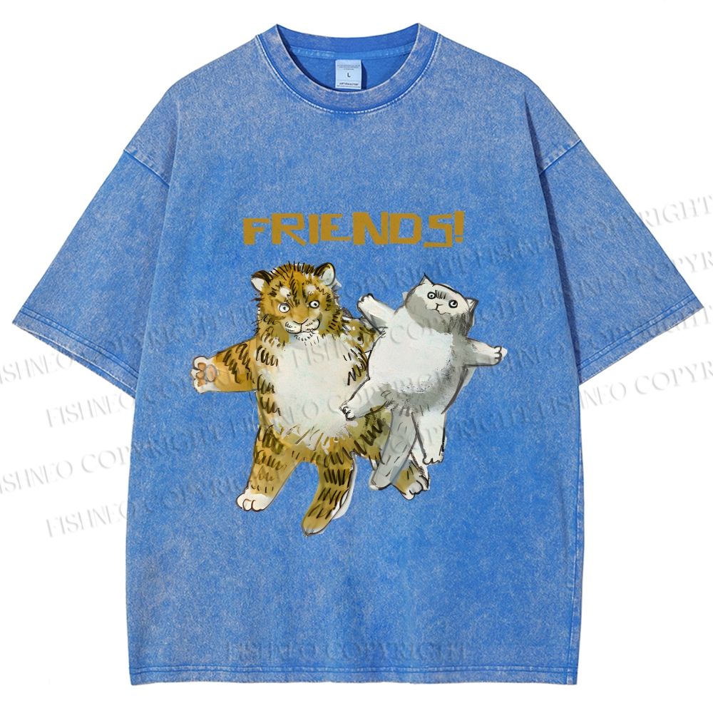 Unisex Funny Tiger Cat Be Friends Printed Washed Tee