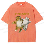 Unisex Funny Tiger Cat Be Friends Printed Washed Tee