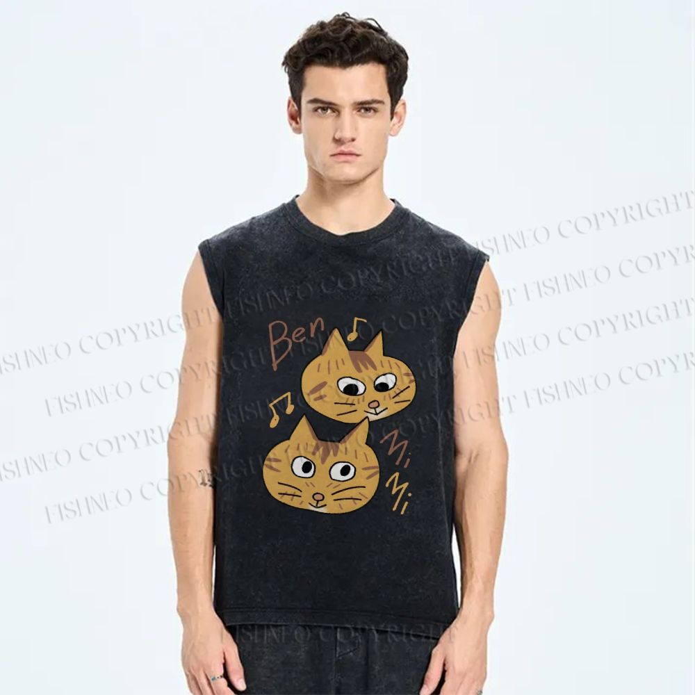 Unisex Cats Singing Printed Washed Tank Top