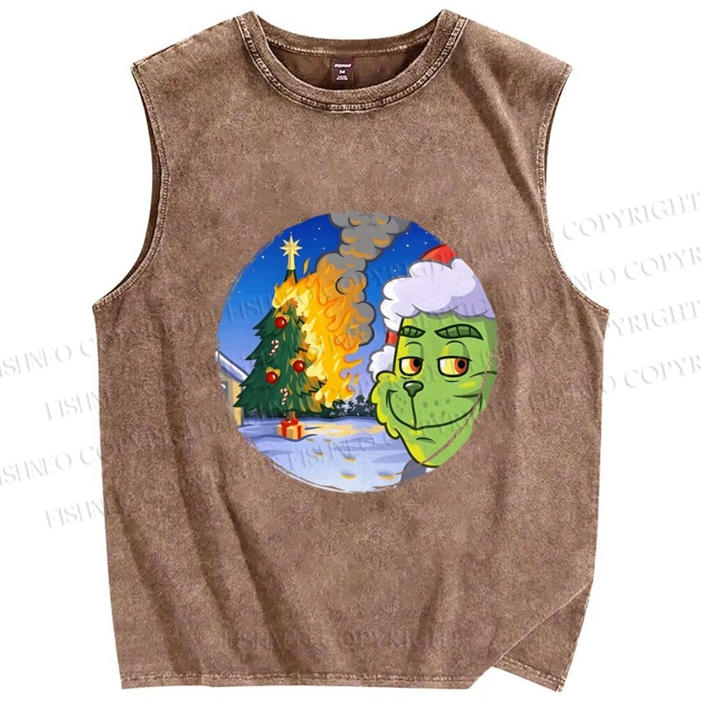 Unisex Christmas On Fire Grinch is Smiling Printed Washed Tank Top