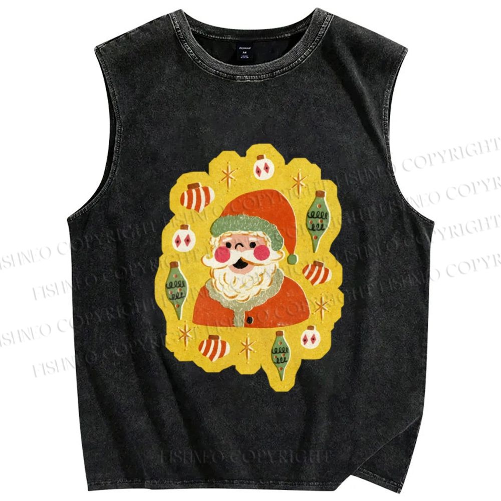 Unisex Cartoon Santa Christmas Printed Washed Tank Top