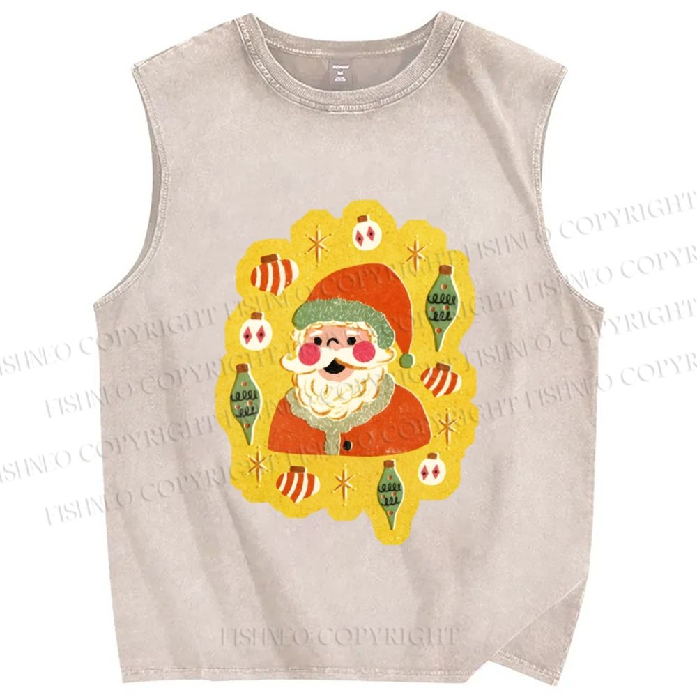 Unisex Cartoon Santa Christmas Printed Washed Tank Top