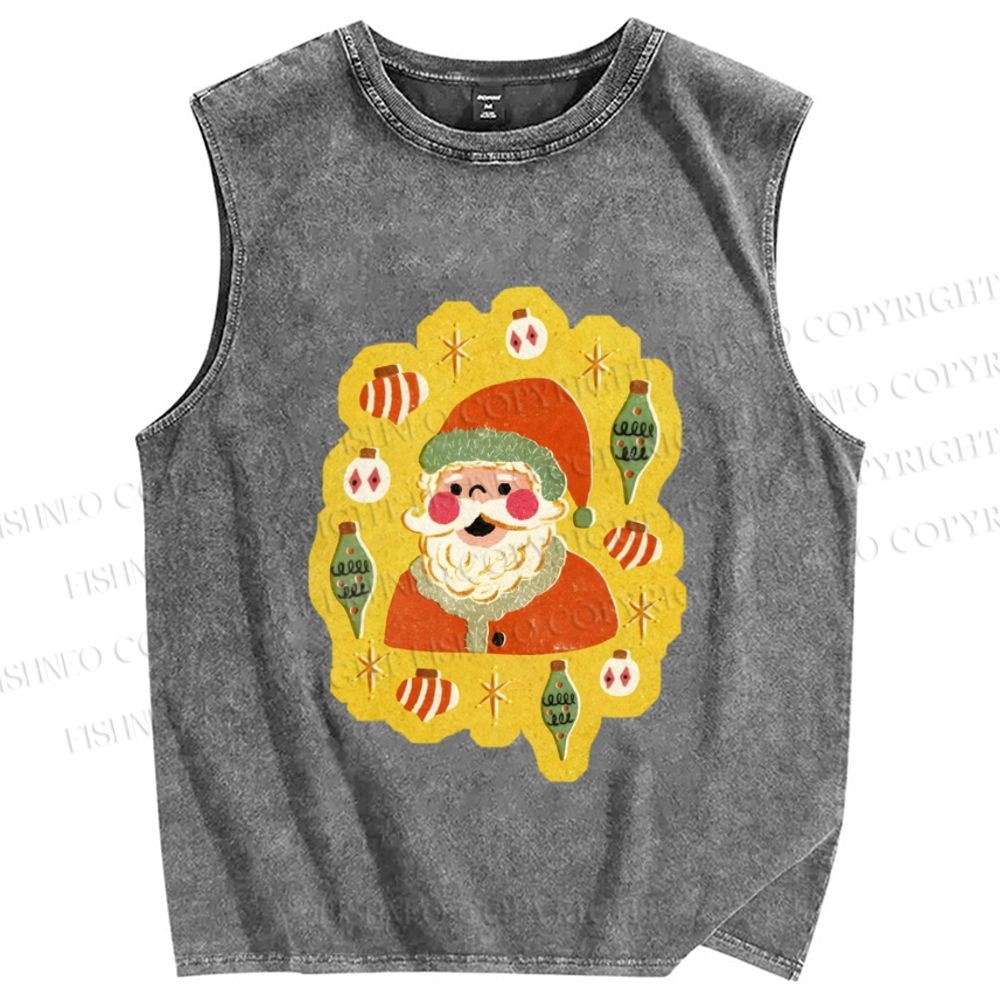 Unisex Cartoon Santa Christmas Printed Washed Tank Top