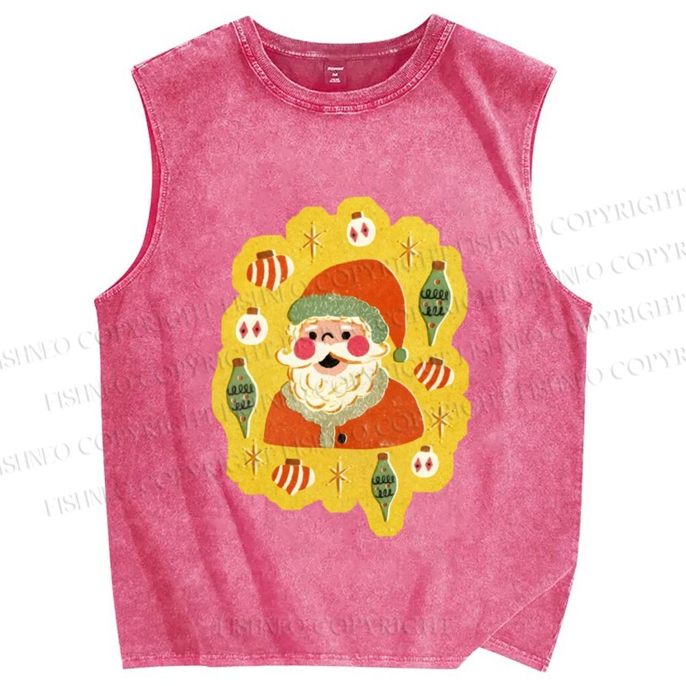 Unisex Cartoon Santa Christmas Printed Washed Tank Top