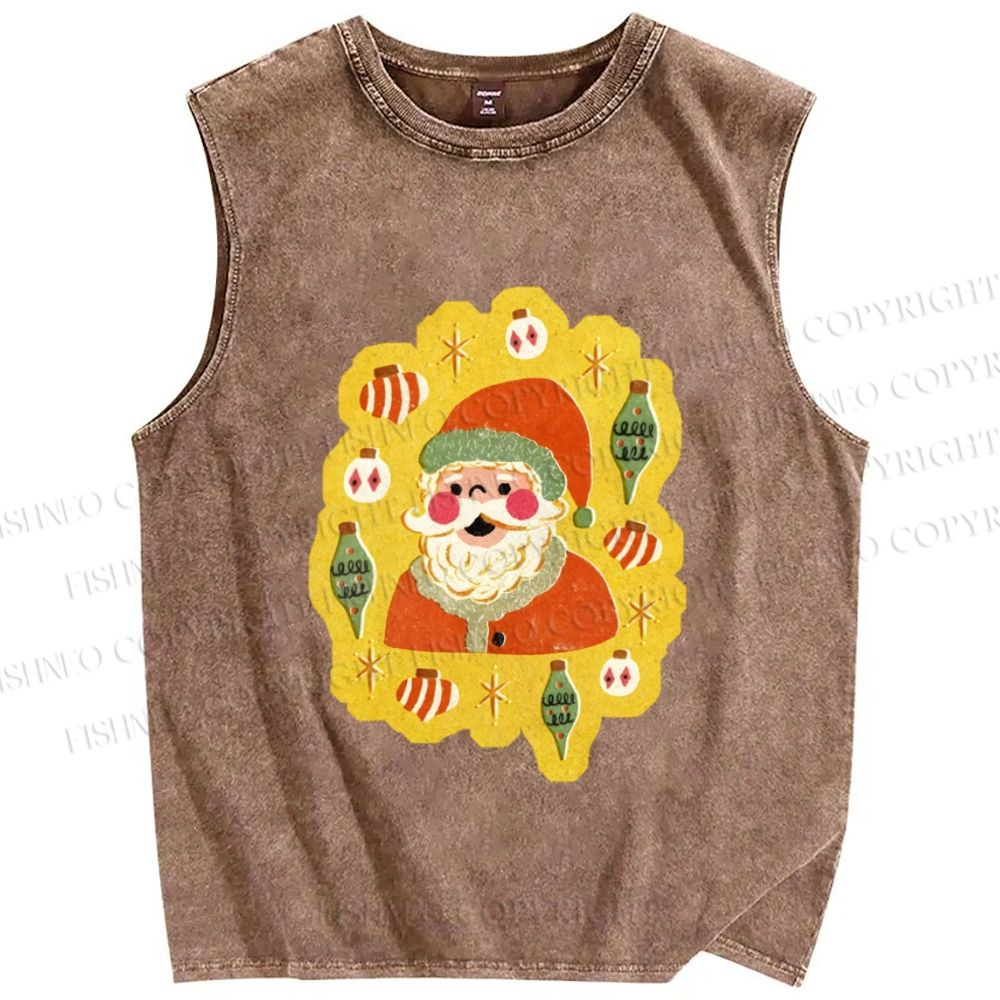 Unisex Cartoon Santa Christmas Printed Washed Tank Top