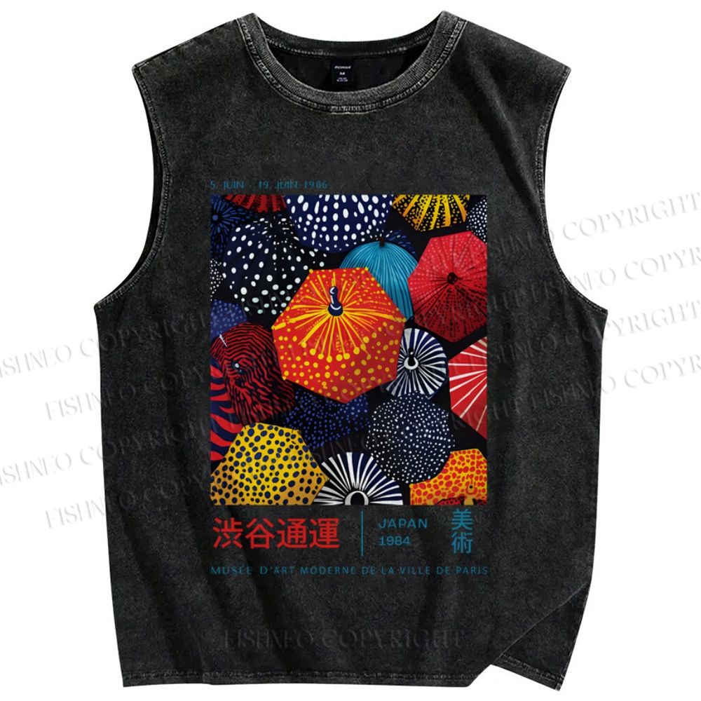 Unisex Colorful Japanese Umbrella Printed Washed Tank Top