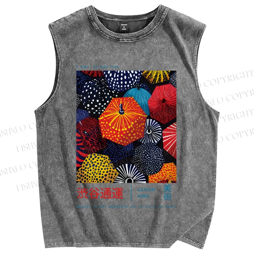 Unisex Colorful Japanese Umbrella Printed Washed Tank Top