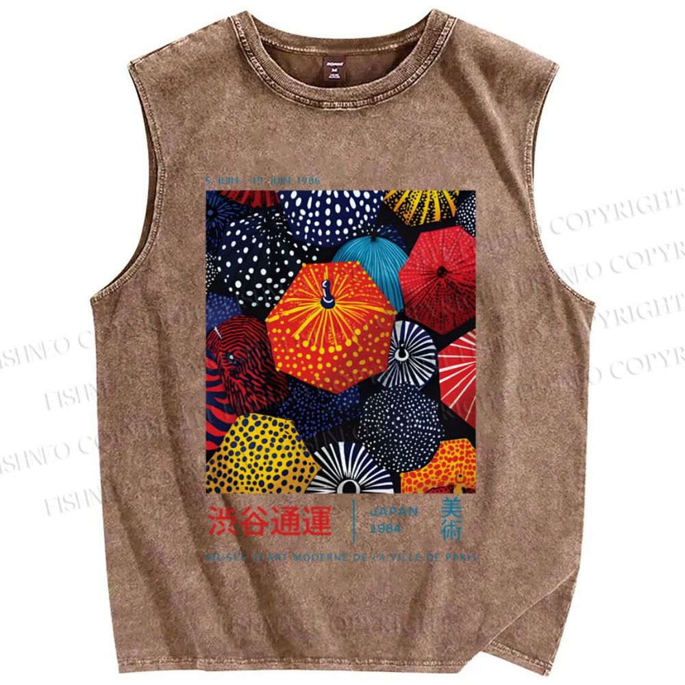 Unisex Colorful Japanese Umbrella Printed Washed Tank Top