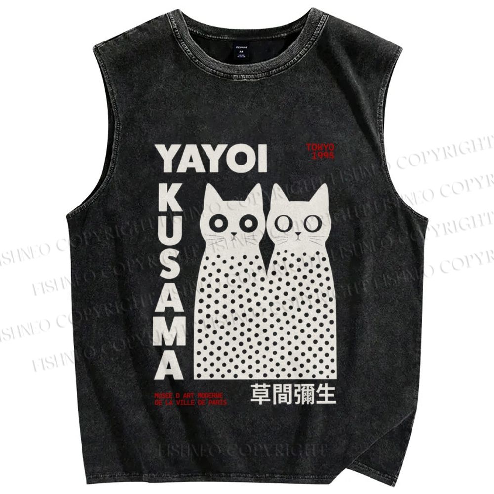 Unisex Japanese Yayoi Kusama Cats Printed Washed Tank Top