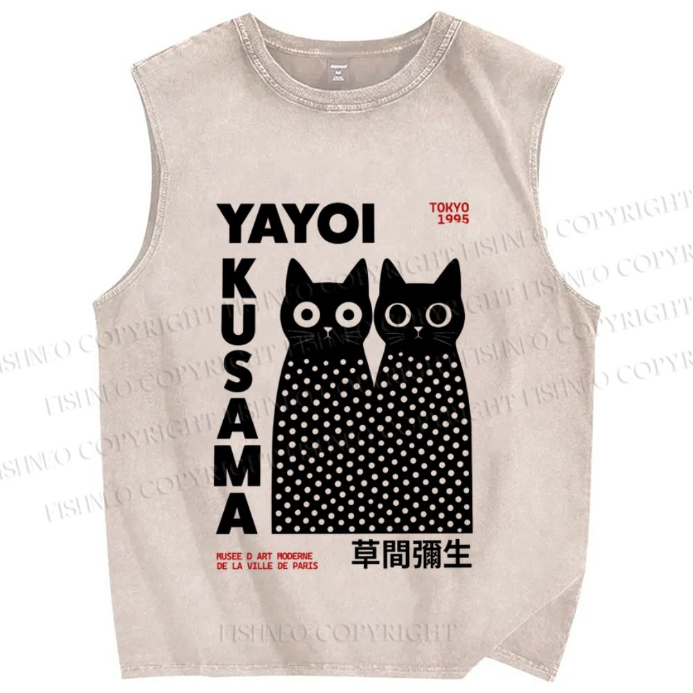 Unisex Japanese Yayoi Kusama Cats Printed Washed Tank Top