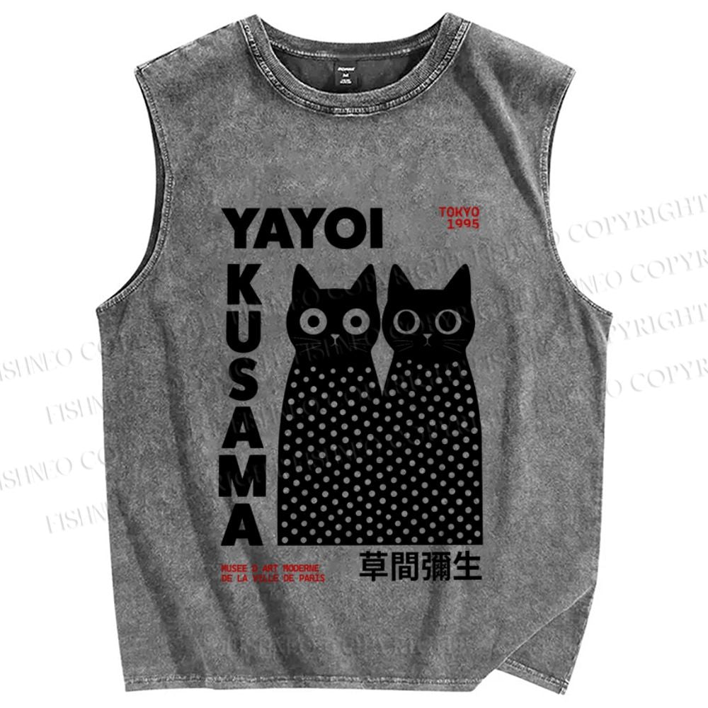 Unisex Japanese Yayoi Kusama Cats Printed Washed Tank Top