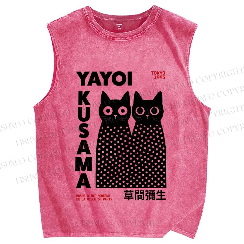 Unisex Japanese Yayoi Kusama Cats Printed Washed Tank Top