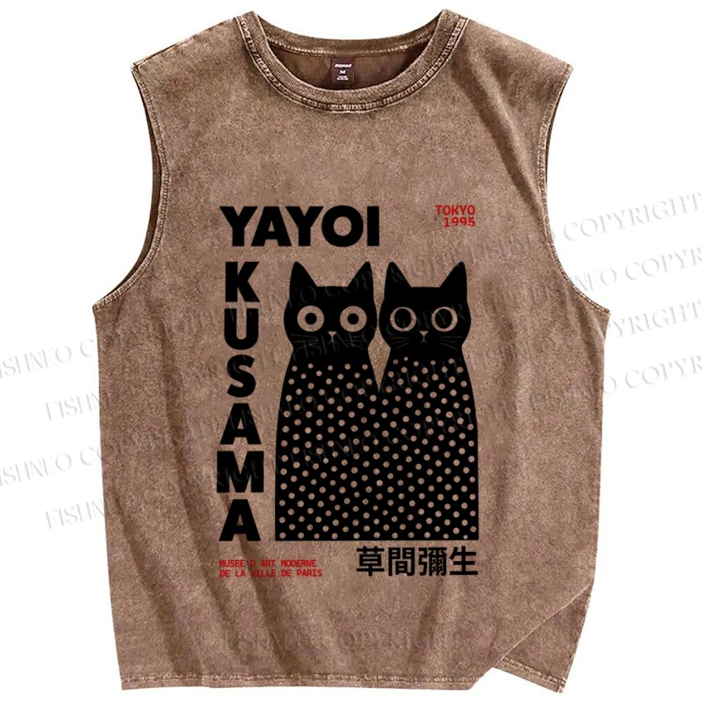 Unisex Japanese Yayoi Kusama Cats Printed Washed Tank Top