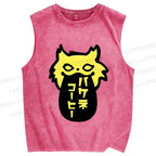 Unisex Cat Coffee Printed Washed Tank Top