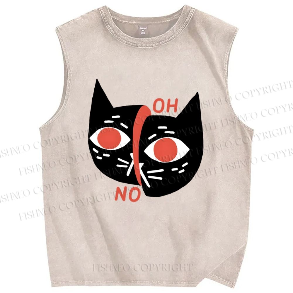 Unisex Oh No Cat Printed Washed Tank Top