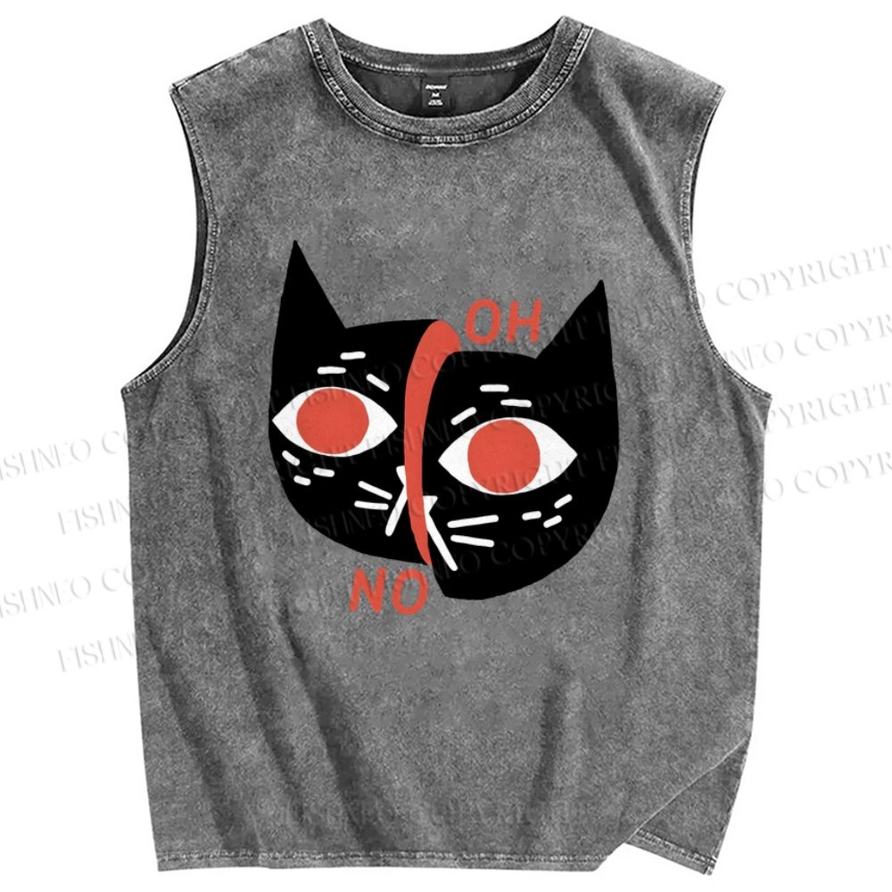 Unisex Oh No Cat Printed Washed Tank Top