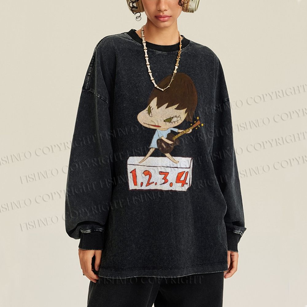 Unisex Casual Washed Yoshitomo Nara Singing Printed Long Sleeve T-shirt