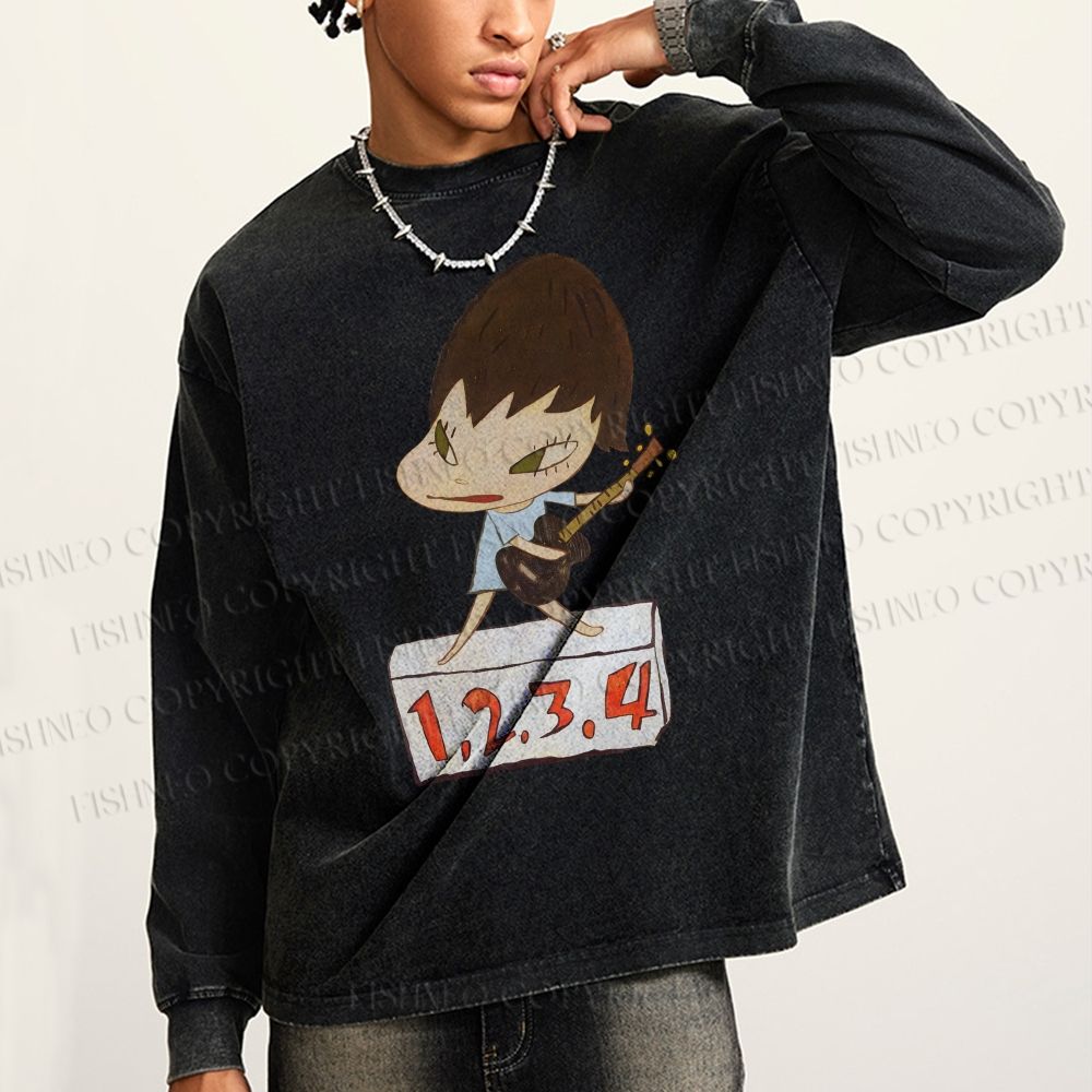 Unisex Casual Washed Yoshitomo Nara Singing Printed Long Sleeve T-shirt
