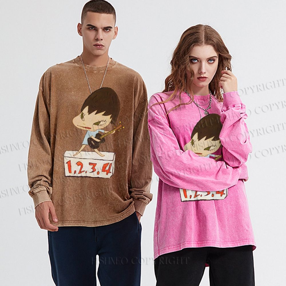 Unisex Casual Washed Yoshitomo Nara Singing Printed Long Sleeve T-shirt