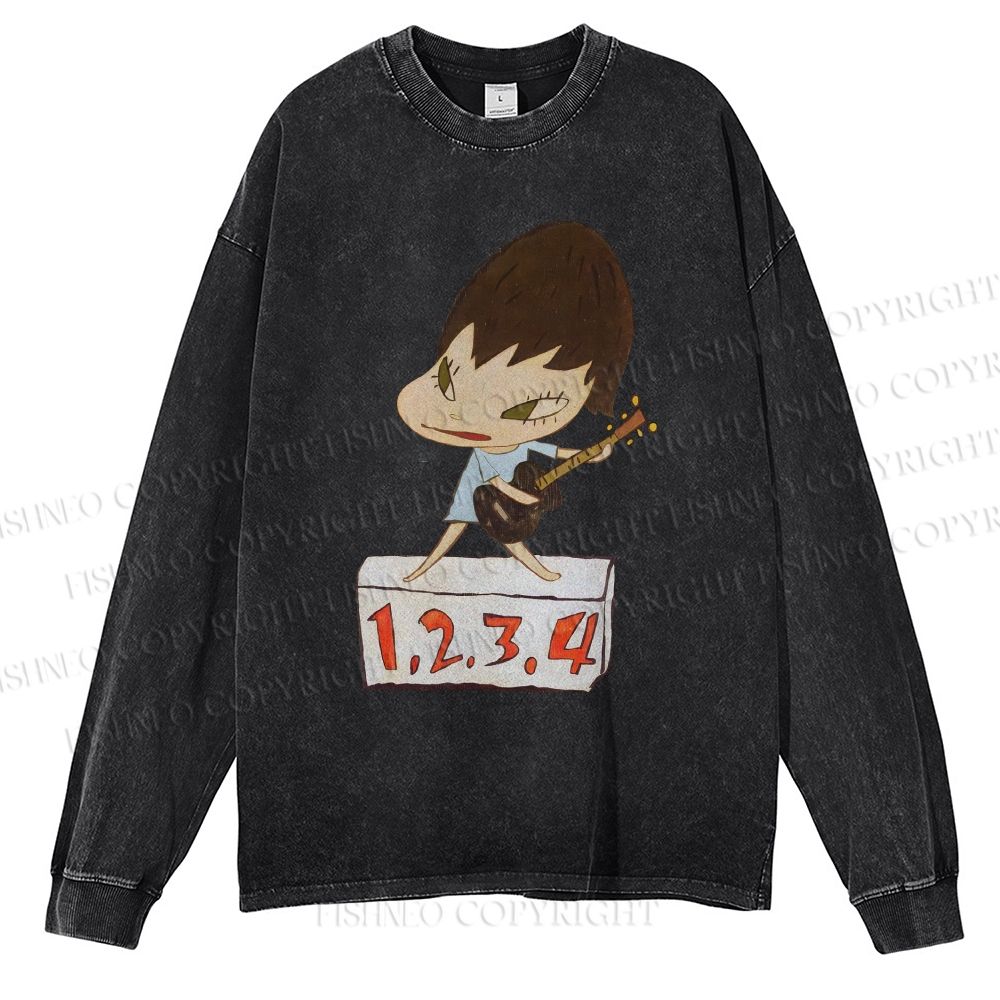 Unisex Casual Washed Yoshitomo Nara Singing Printed Long Sleeve T-shirt
