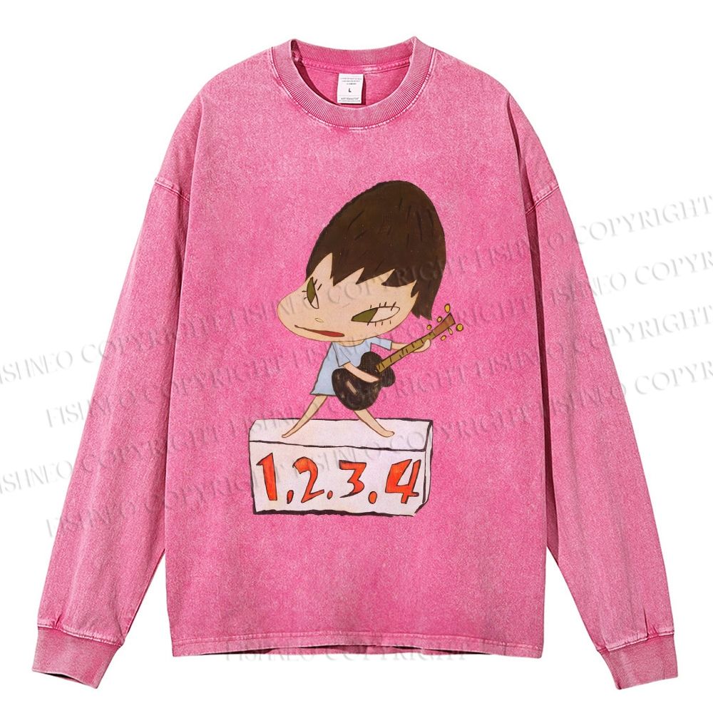Unisex Casual Washed Yoshitomo Nara Singing Printed Long Sleeve T-shirt