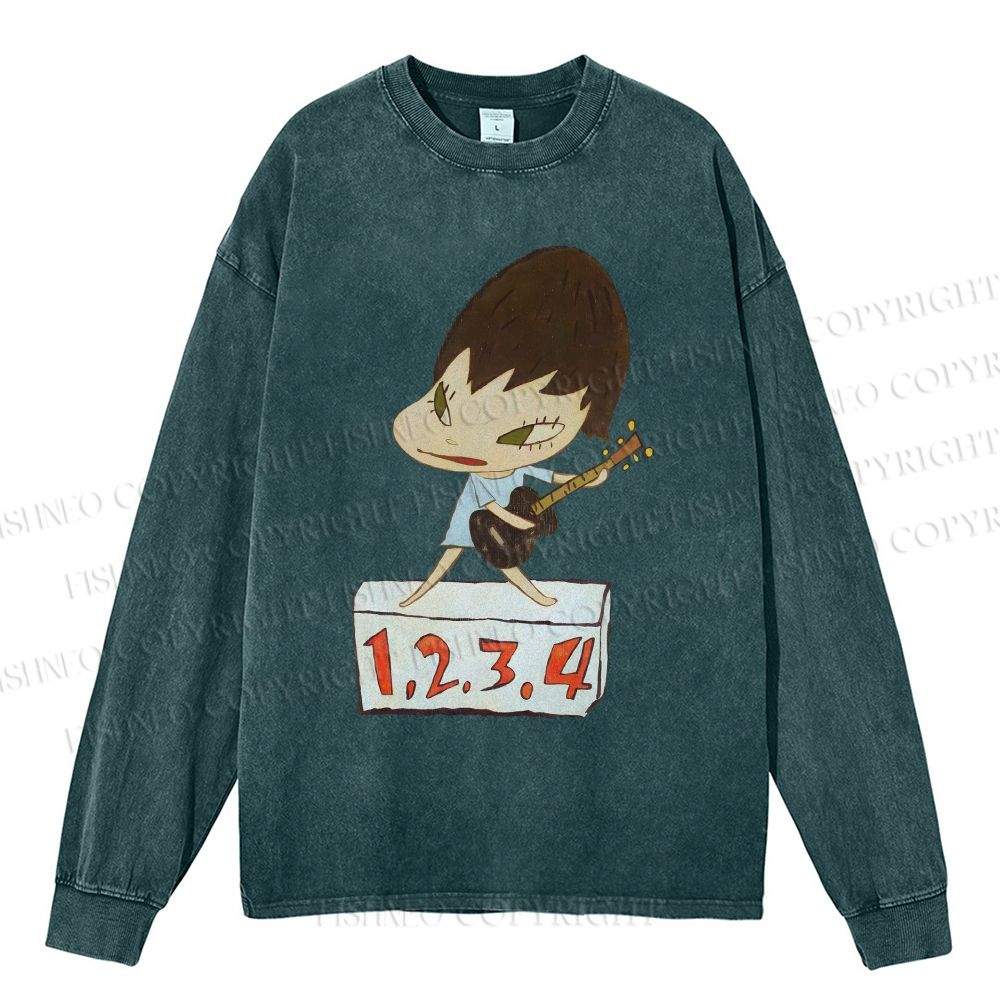 Unisex Casual Washed Yoshitomo Nara Singing Printed Long Sleeve T-shirt