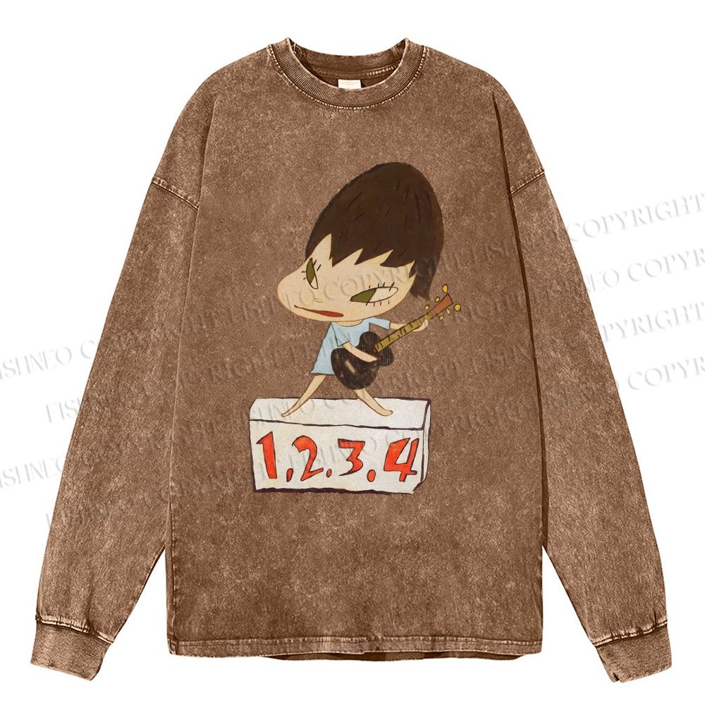 Unisex Casual Washed Yoshitomo Nara Singing Printed Long Sleeve T-shirt