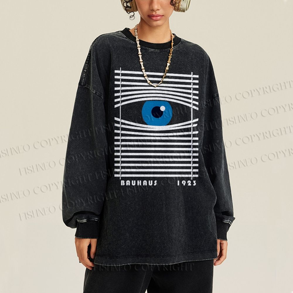 Unisex Casual Washed Bauhaus Geometric Eyes Printed Long Sleeve T-shirt