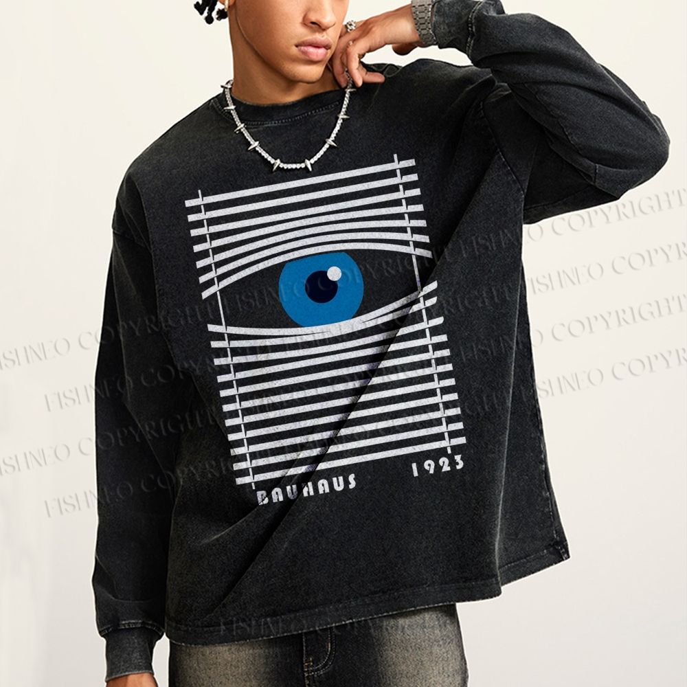 Unisex Casual Washed Bauhaus Geometric Eyes Printed Long Sleeve T-shirt