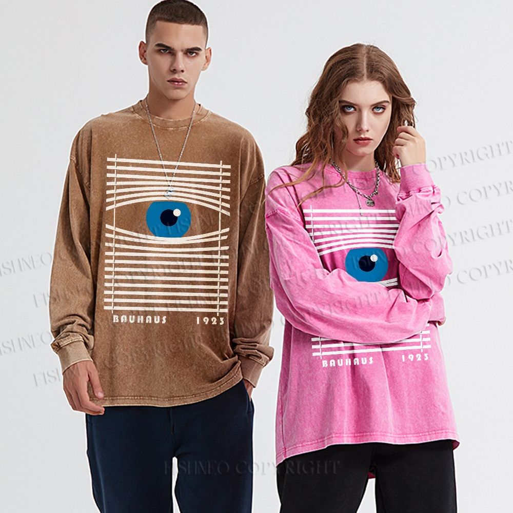Unisex Casual Washed Bauhaus Geometric Eyes Printed Long Sleeve T-shirt