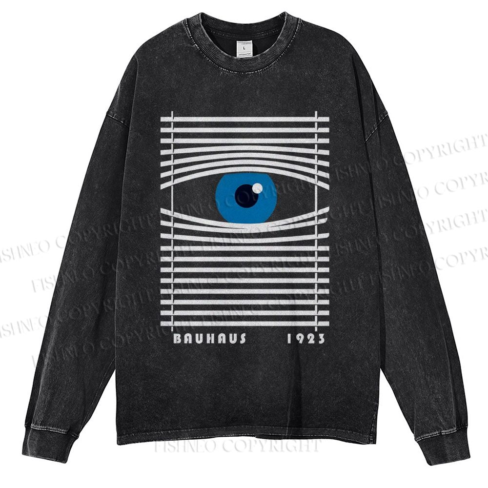 Unisex Casual Washed Bauhaus Geometric Eyes Printed Long Sleeve T-shirt