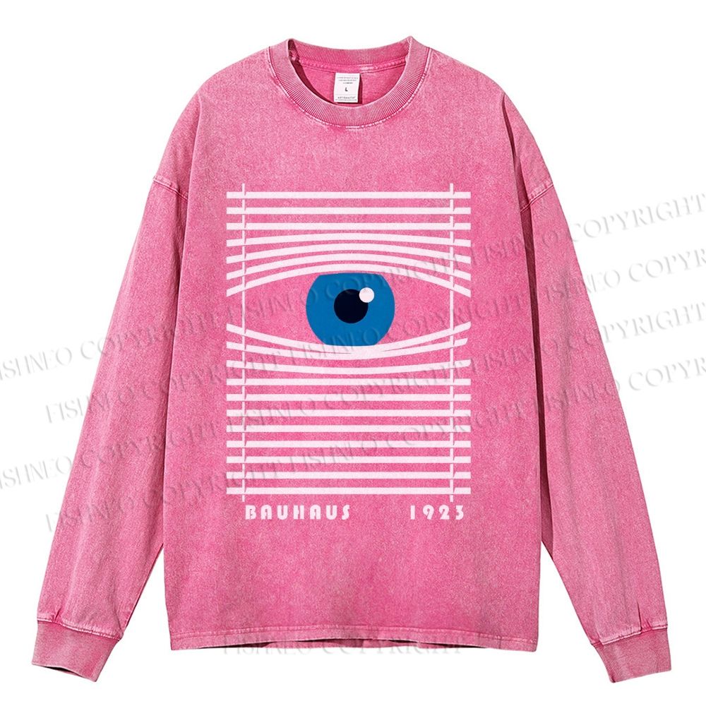 Unisex Casual Washed Bauhaus Geometric Eyes Printed Long Sleeve T-shirt