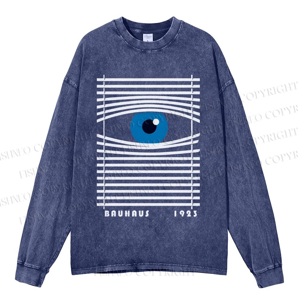 Unisex Casual Washed Bauhaus Geometric Eyes Printed Long Sleeve T-shirt