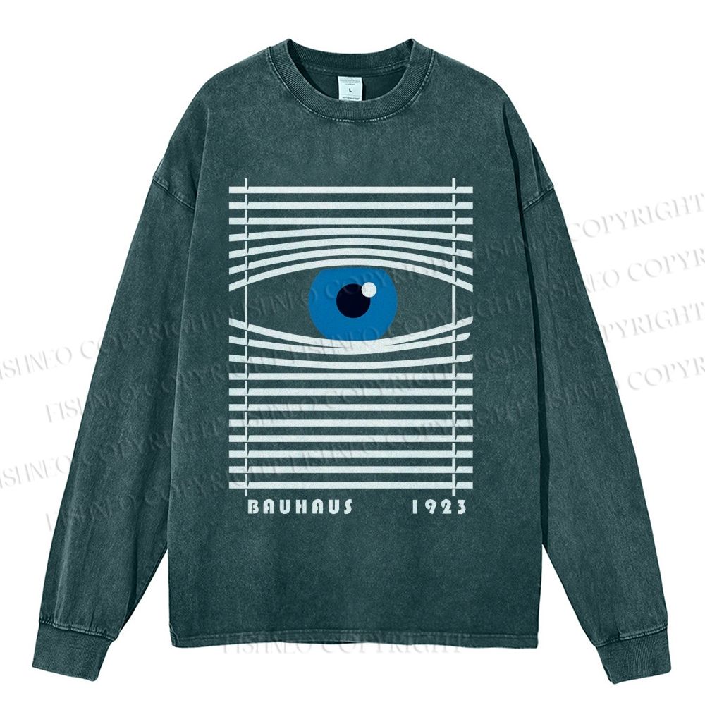 Unisex Casual Washed Bauhaus Geometric Eyes Printed Long Sleeve T-shirt