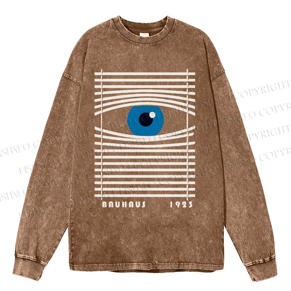 Unisex Casual Washed Bauhaus Geometric Eyes Printed Long Sleeve T-shirt